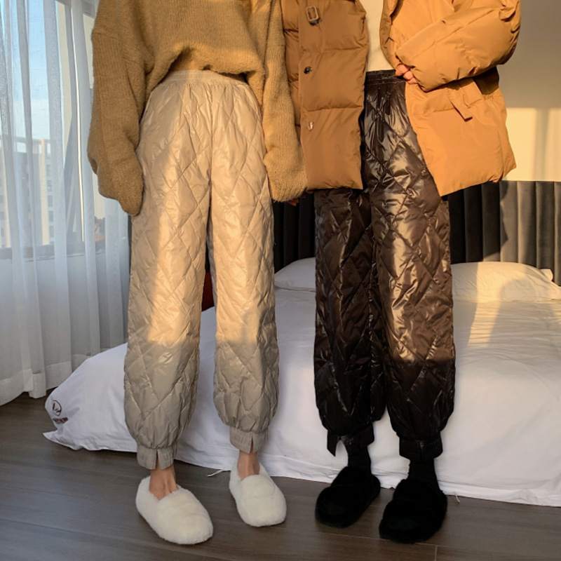 羽绒棉裤女外穿时尚轻薄秋冬新款宽松显瘦菱形格裤休闲保暖阔腿裤