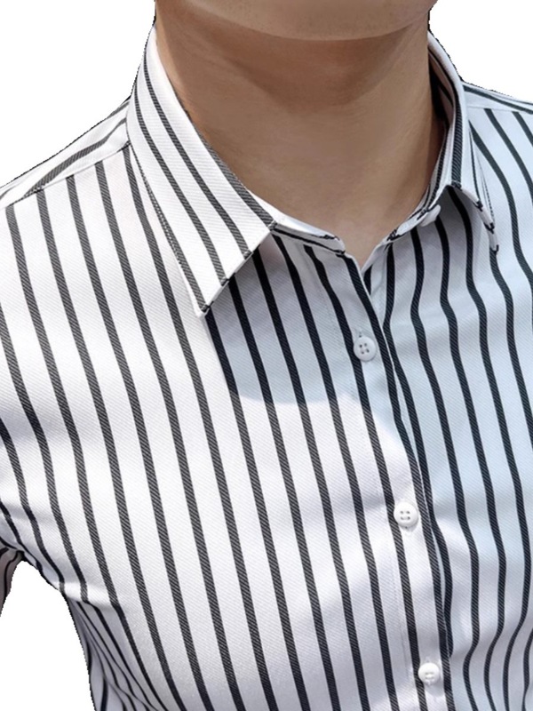 夏薄いハイエンドストライプ半袖アイスシルクシャツメンズ新しいファッショントレンディなブランド紳士服ビジネススリムシャツ|undefined