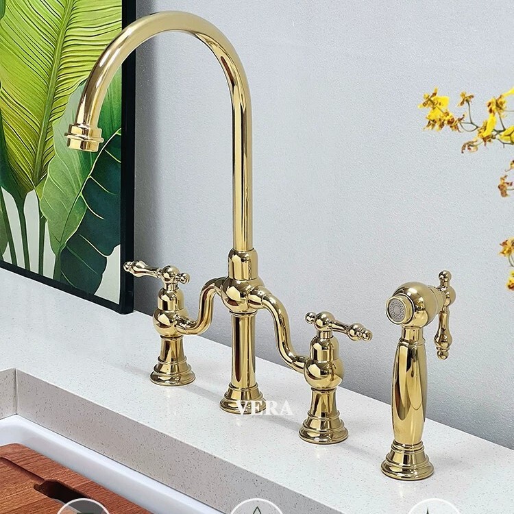 All-Copper French-Style Vintage Bridge-Type Kitchen Sink Faucet with Dual Holes, Spray Gun, and Rotating Hot and Cold Water Faucet