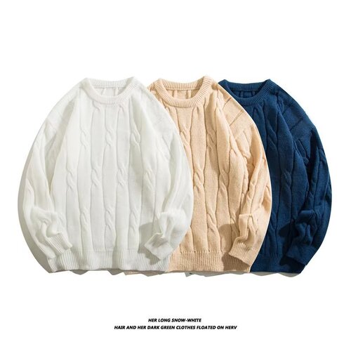 Autumn and Winter New Plus Size Solid Color Cable Knit Lounge Crew Neck Sweater Simple Loose Casual Top