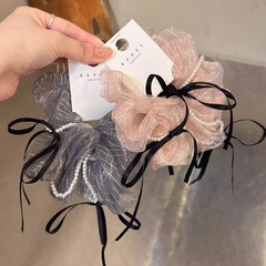 フランス式の欧根の紗はドリルのストライプの蝶結びの大腸の髪の輪のリボンにアイロンをかけます。
