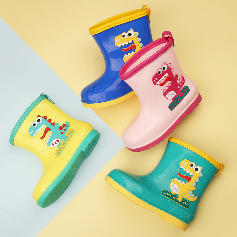 Export Cross-Border Children's Rain Boots for Boys and Girls, Cotton-Lined Rain Boots, Dinosaur Cartoon, Waterproof Shoes for Older Children, Wholesale for Primary School Students