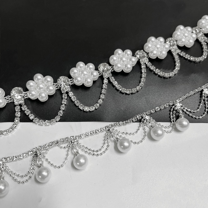 跨境新品烧焊水钻珍珠花式波浪流苏链条 diy服装辅料发夹鞋帽配件