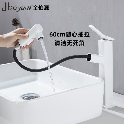 German white multi-functional upflow basin with height-adjustable pull-out faucet, countertop basin, bathroom, brass