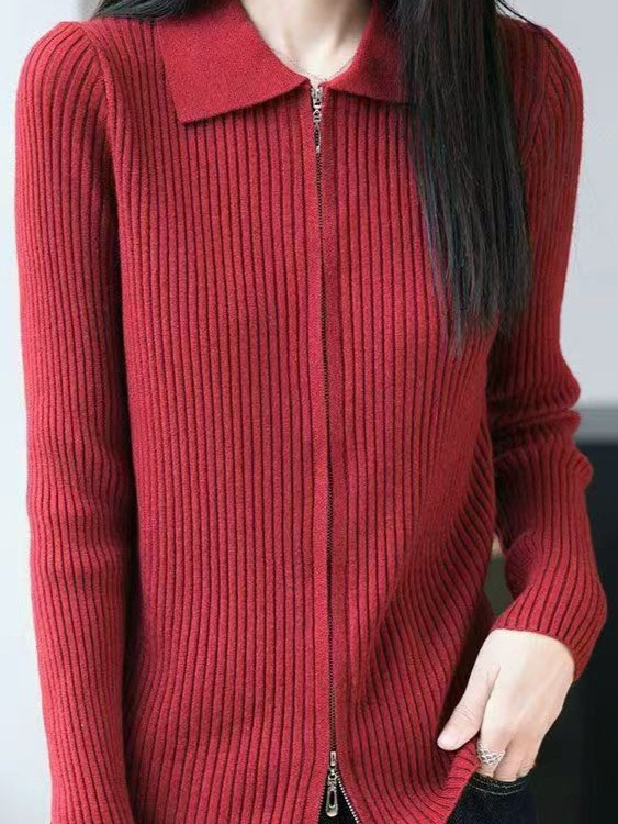 设计感双拉链针织开衫女翻领毛衣外套春秋修身显瘦长袖衬衫领上衣|undefined