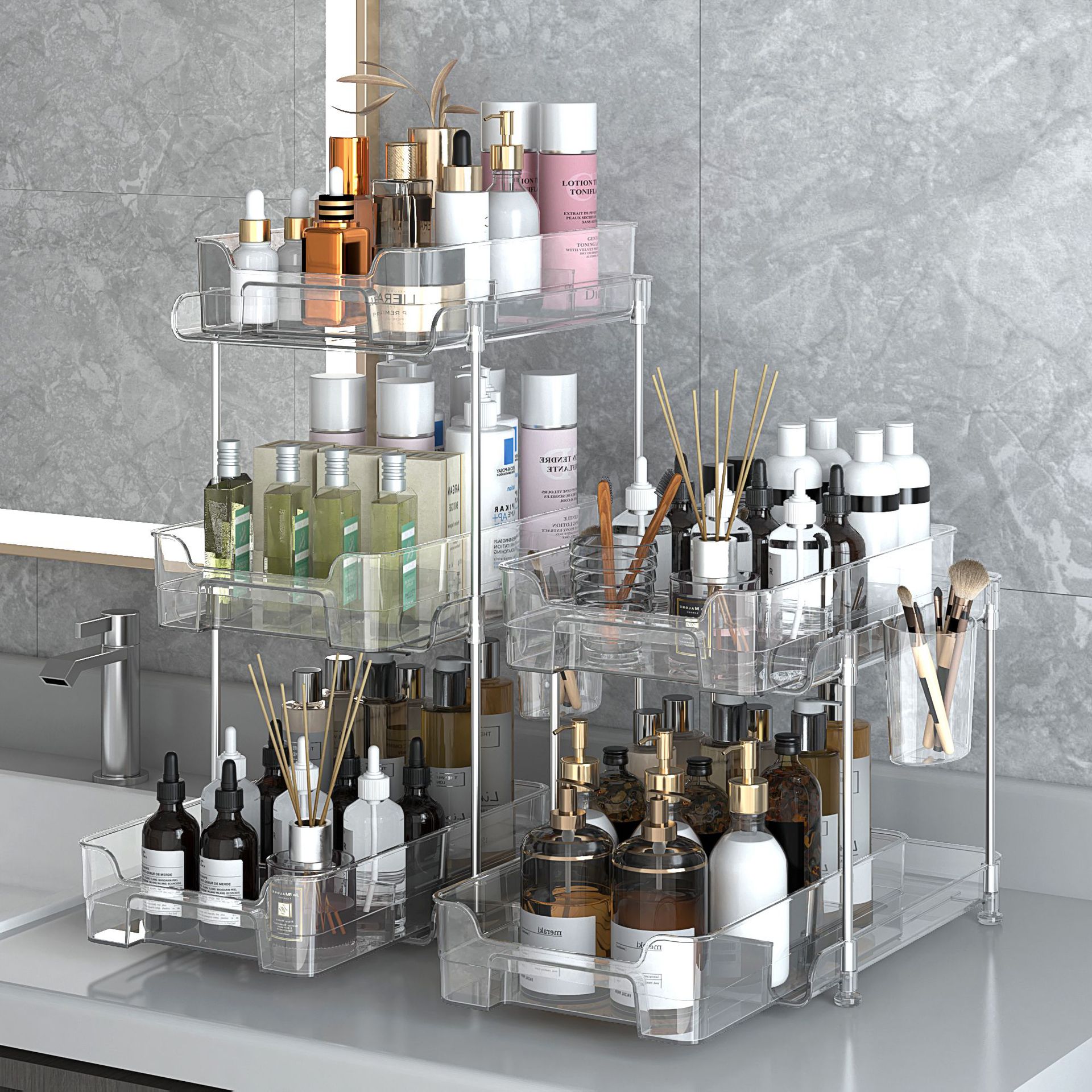 Transparente PET rack de almacenamiento de cosméticos de escritorio caja de almacenamiento de baño Baño Cocina multi-función de apilamiento rack de almacenamiento