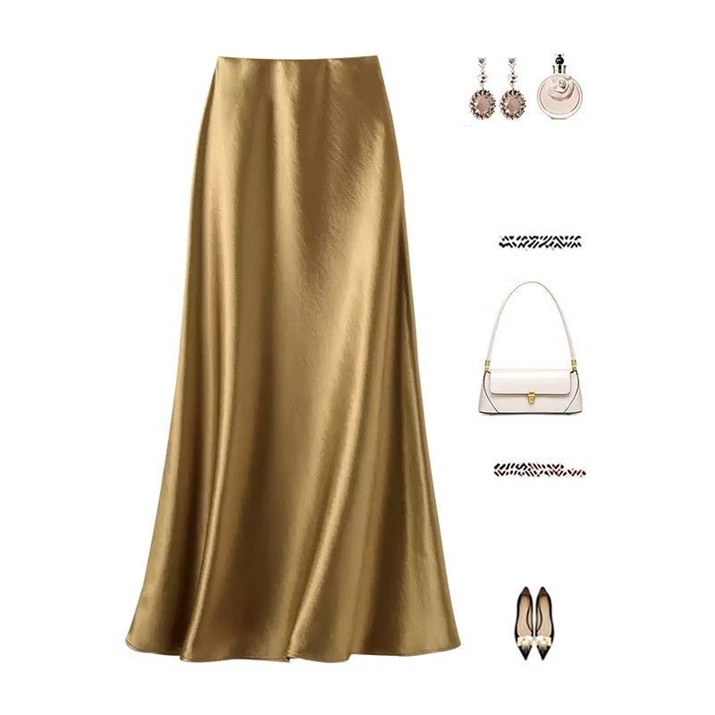 Acetate Satin A-Line Skirt Fishtail Skirt High Waist Skirt 2025 Summer New High-End Slimming Look Elegant Long Skirt