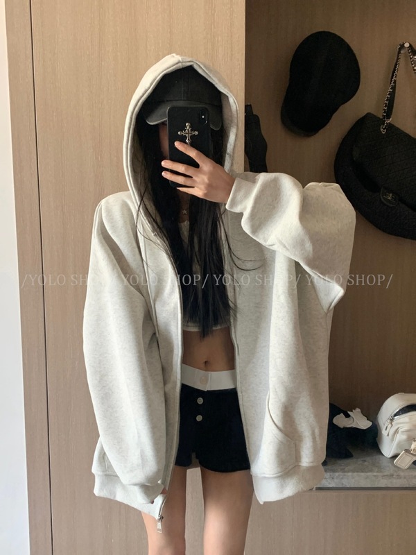 YOLO SHOP店主挚爱  慵懒风宽松连帽卫衣开衫外套女春夏重磅上衣|undefined