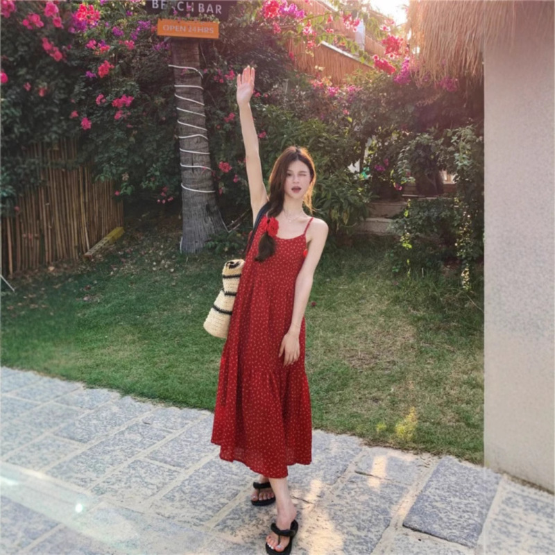 Vintage Floral Red Sling dress Women's Summer 2025 New Arrival Tight Waist A- Line Slimming French Style Elegant Long Dress Vintage Floral Red Sling dress Women's Summer 2025 New Arrival Tight Waist A- Line Slimming French Style Elegant Long Dress