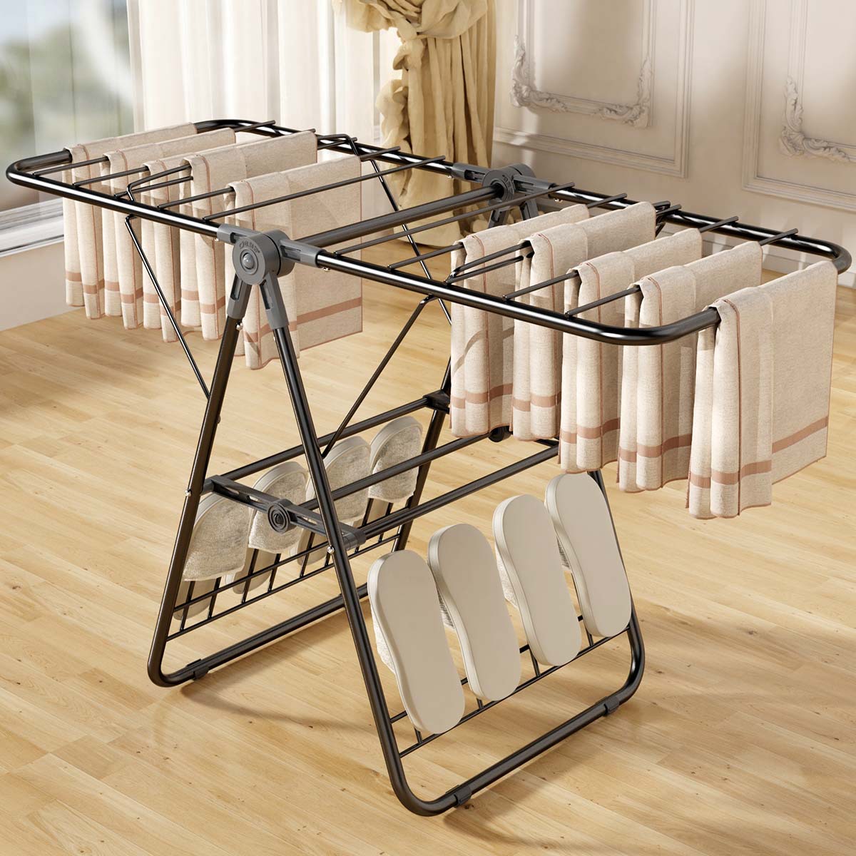 Percha de ropa plegable pequeña para bebés, percha de ropa libre de instalación, percha de ropa flotante, percha de tela negra