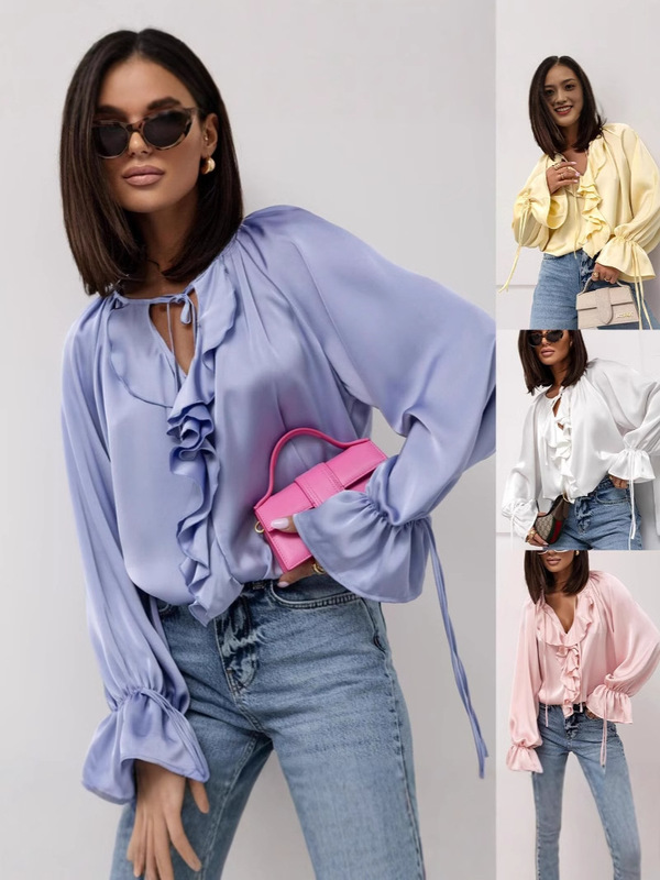 Cross-Border Hot Sale Spring and Summer Neckline Lace-Up Ruffle Shirt Loose Bell-Sleeved Women's Shirt Purple Pink