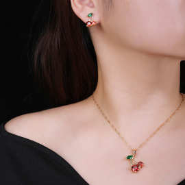 欧美跨境热销女日韩风锆石樱桃水果系列耳环项链红色樱桃吊坠批发