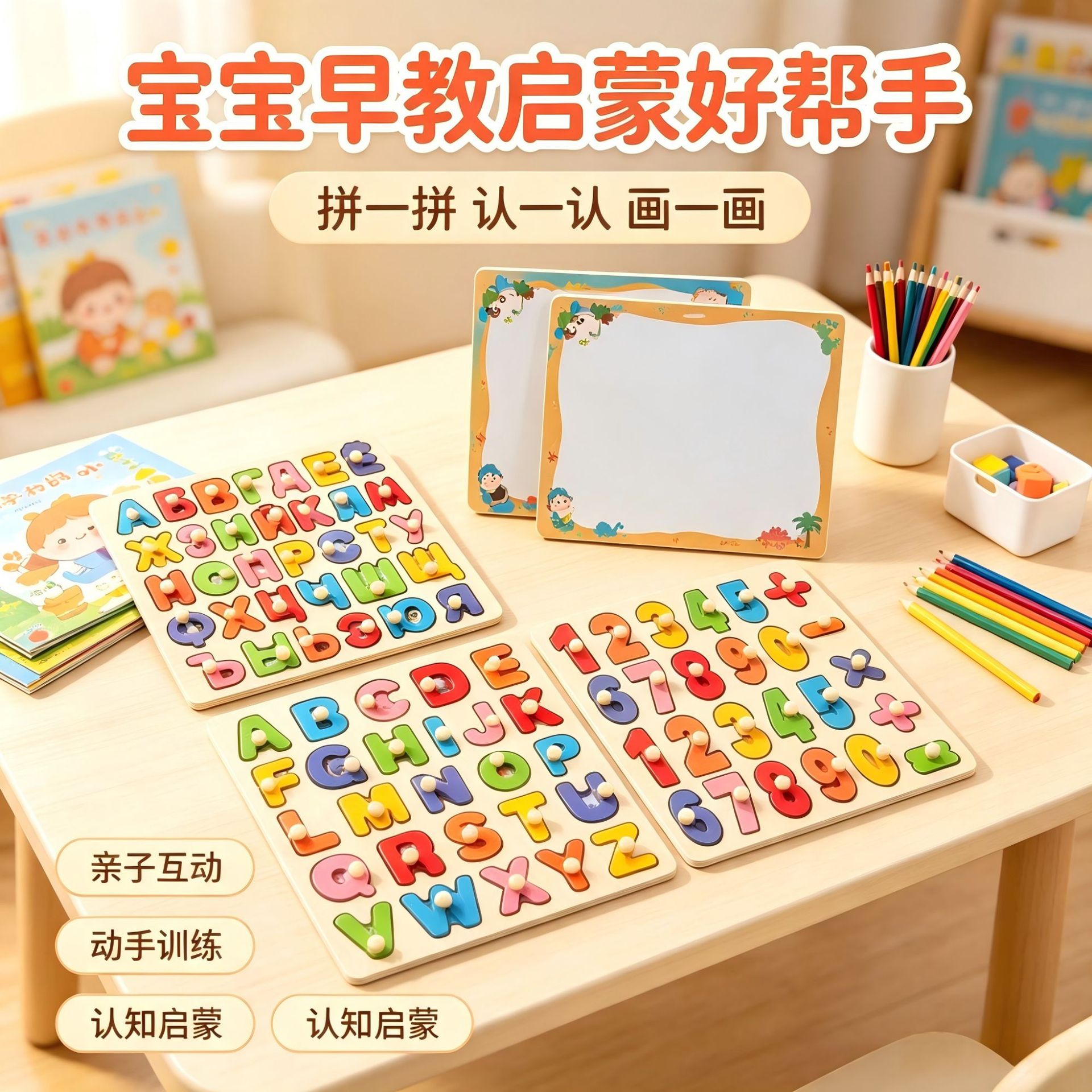 Rompecabezas de madera para niños, juego de emparejamiento cognitivo de números, alfabeto y animales, tablero Montessori, juguete educativo para la primera infancia