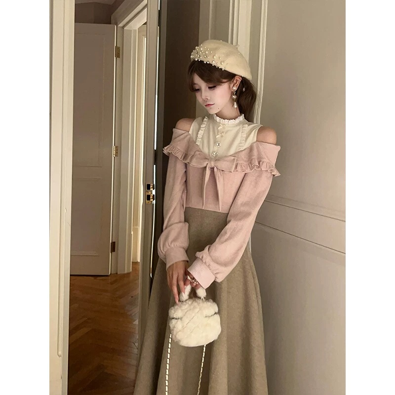 Clear and elegant style, two-piece dress for women, new autumn collection, sweet and charming, off-the-shoulder design, waist-cinching, slimming effect, long dress