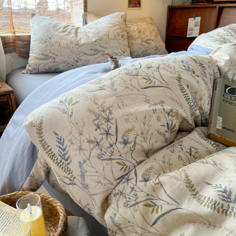 [Special Edition] High-End A-Grade Cotton-Linen Yarn-Dyed Printed Four-Piece Set, Moisture-Absorbent, Breathable, Skin-Friendly Linen Bed Sheet and Duvet Cover