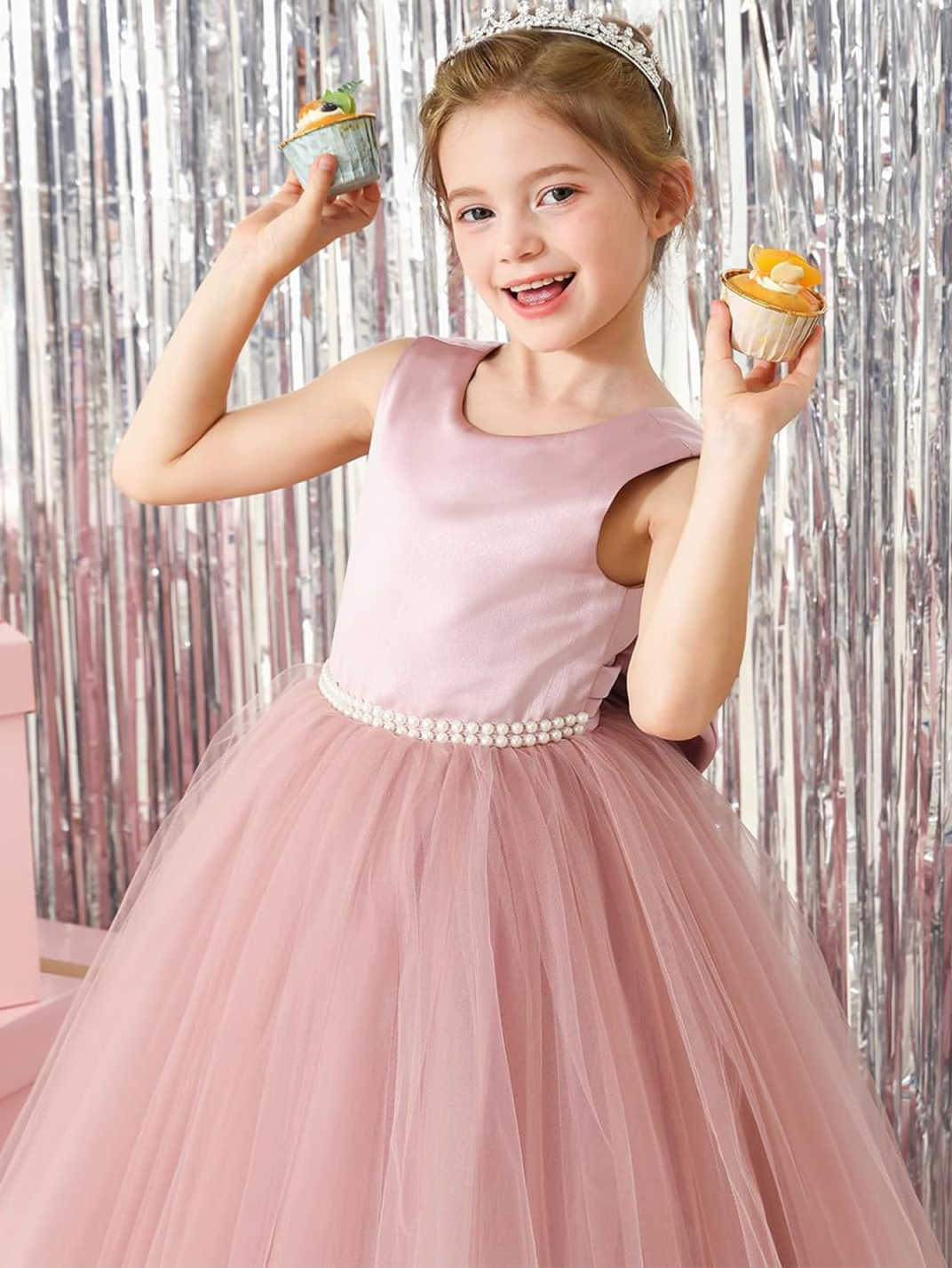 Nuevo europeo y americano transfronterizo vestido de novia de los niños sin mangas de malla de satén Rendimiento De Cumpleaños mullido mono vestido