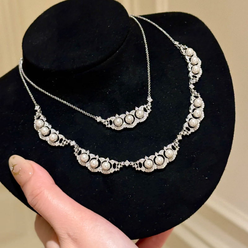 [Lush Feast] Pearl Lace Necklace Exquisite Stacking Chain Adjustable Fashion Luxury Easiest for Match Trendy Clavicle Chain