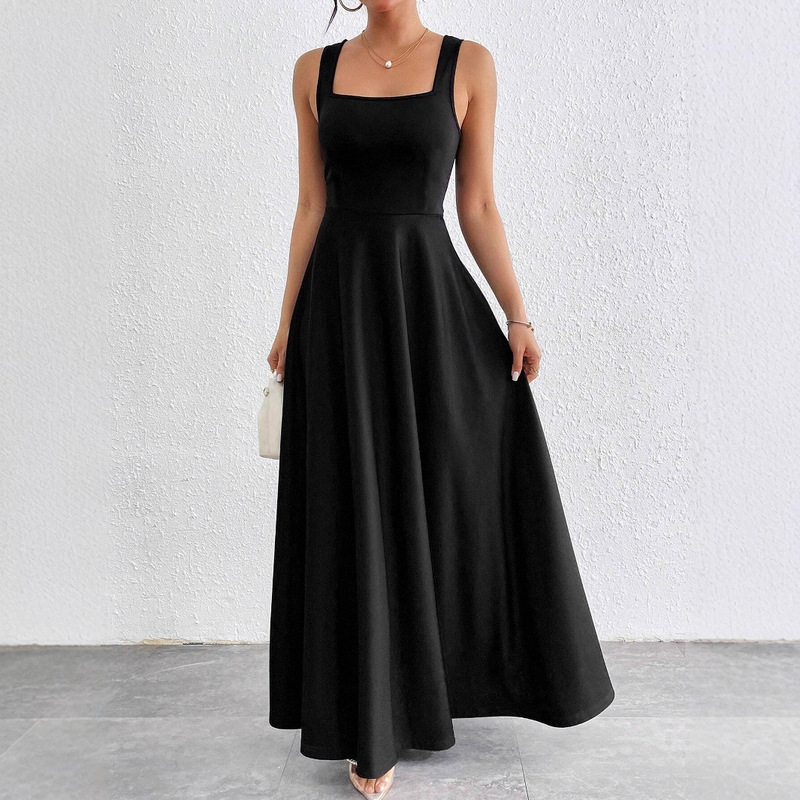 Cross-Border Export European and American Ebay Amazon Wish Popular Women's Elegant Square Neck Sleeveless Pure Color Extra Long Women's Dress