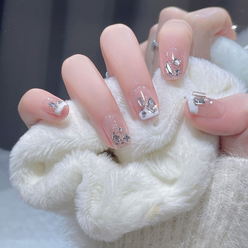 Showing White French short ice transparent flash broken diamond nail diamond glitter diamond wearing nail fake nail nail piece detachable Showing White French short ice transparent flash broken diamond nail diamond glitter diamond wearing nail fake nail nail piece detachable