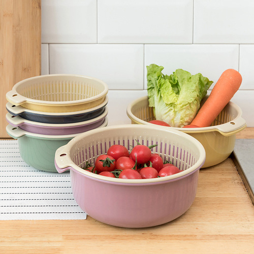 Nordic double-layer drain basket vegetable basket household living room fruit basket portable plastic fruit and vegetable drain basket