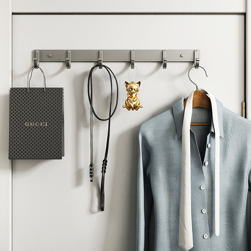 Punch-free space aluminum coat hooks wall-mounted row hooks sticky hooks clothes coat hooks bathroom gun gray