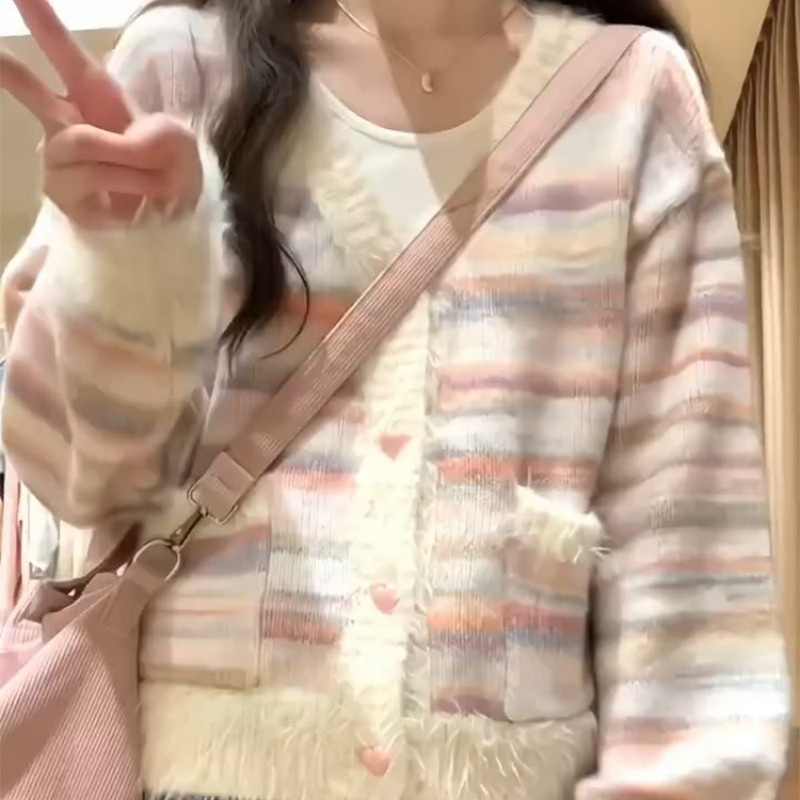 2023 otoño e invierno nuevo estilo de leche suelta estilo perezoso suéter abrigo Chanel estilo Arco Iris rayas suéter cardigan para las mujeres