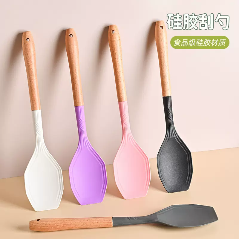 木柄硅胶饭更食品级厨房小工具硅胶汤勺不粘锅榉木手柄锅烹饪勺铲