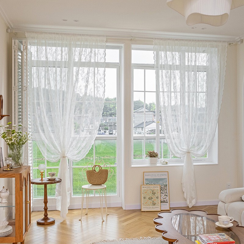 French Retro Lace Curtains, Romantic Flowers and Vines Tulle Curtains, Suitable for French Doors in the Living Room,