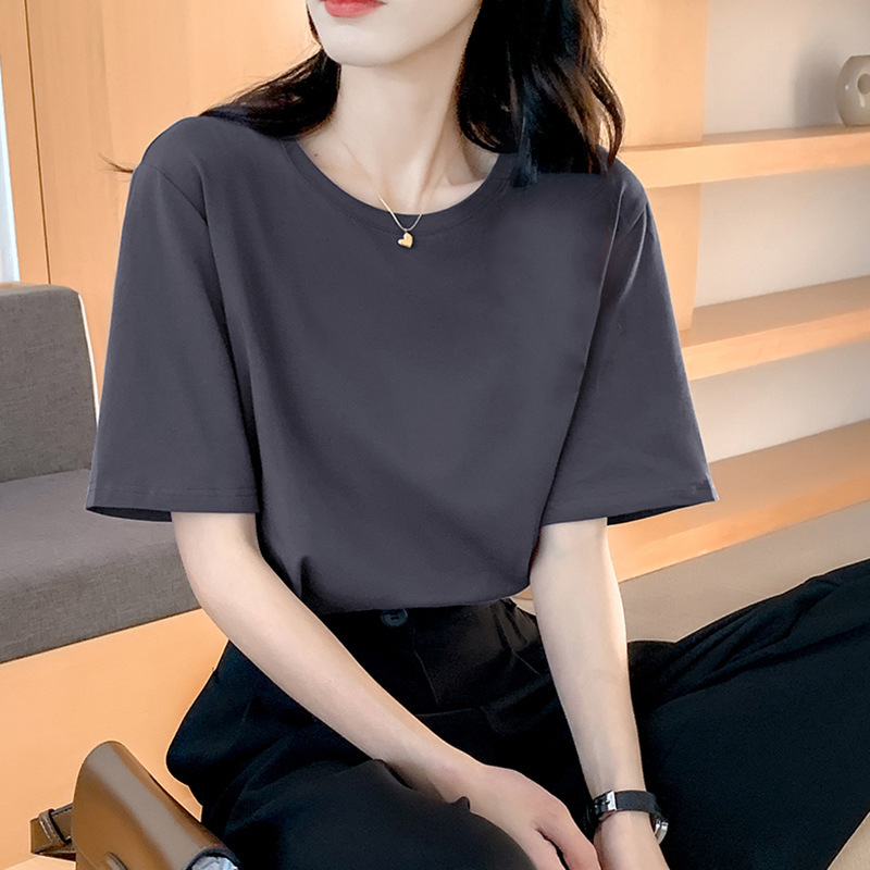 ゆるい純綿半袖tシャツ女性の夏服の新商品の中に上着の肩のデザイン感があります。|undefined