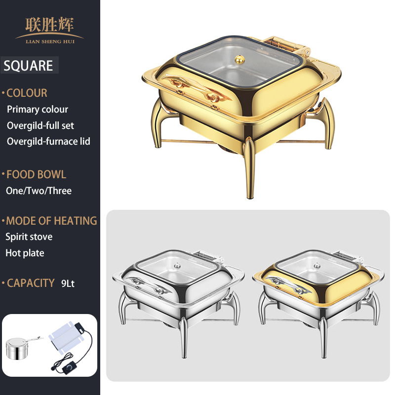 horno de buffet de acero inoxidable transfronterizo horno de buffet de hotel aislante de oro horno de calor eléctrico de alcohol dorado