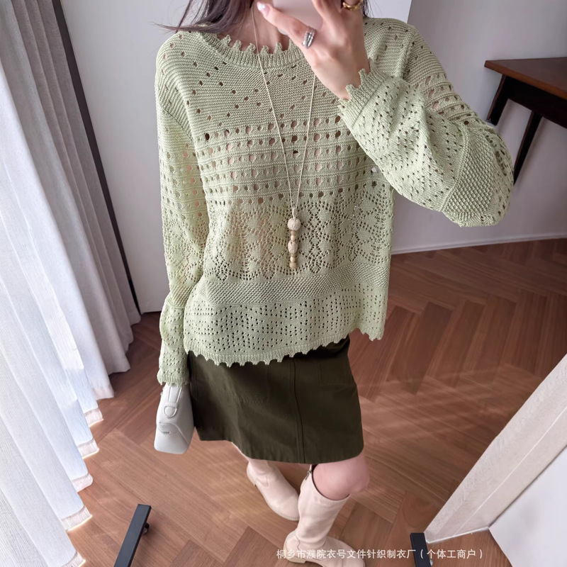 Early Spring Knitted Hollow-Out Top with Fringe Edges, Women's Round-Neck Colorful Linen Blouse, Breathable Outerwear New Style Early Spring Knitted Hollow-Out Top with Fringe Edges, Women's Round-Neck Colorful Linen Blouse, Breathable Outerwear New Style