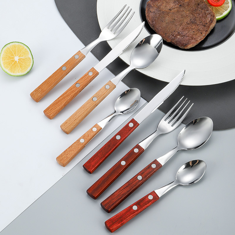 Wholesale 304 stainless steel knife, fork and spoon four-piece set Japanese style Western tableware pear wooden handle steak knife, fork and spoon set