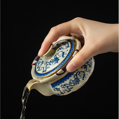 汝窯青花纏枝蓮蓋碗單個西施壺防燙手陶瓷手抓壺茶具一人泡茶杯