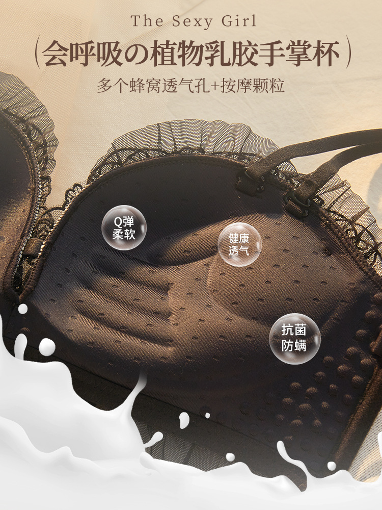 Ropa interior negra de pecho pequeño, mujer sin anillo de acero, encaje sexy, pecho, traje de sujetador anti-flacidez 3317