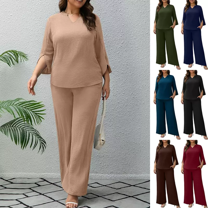 2026跨境欧美亚马逊时尚休闲纯色两件套七分短袖直筒阔腿长裤套装