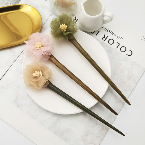 Flower Sandalwood Hairpins Retro Cheongsam Accessories Hairpins for Hair Combs Ancient Style Hanfu Hair Accessories Versatile Simple Elegant