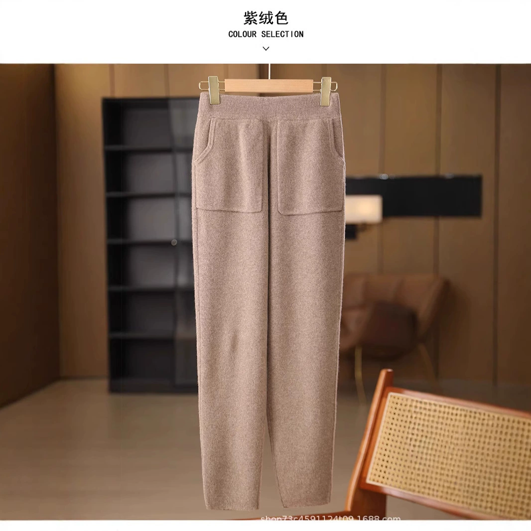 Тяжелые осенние и зимние новые утолщенные четыре плоских шерстяные брюки женские носить повседневные вязаные маленькие ножки с карманами для тонких морковных брюк