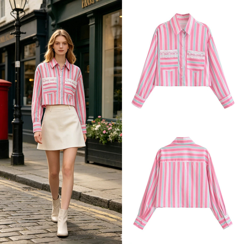Z Brand Foreign Trade Cross-Border In-Stock European and American Style Za Women's Clothing 2026 Spring New Lace Detail Striped Short Shirt