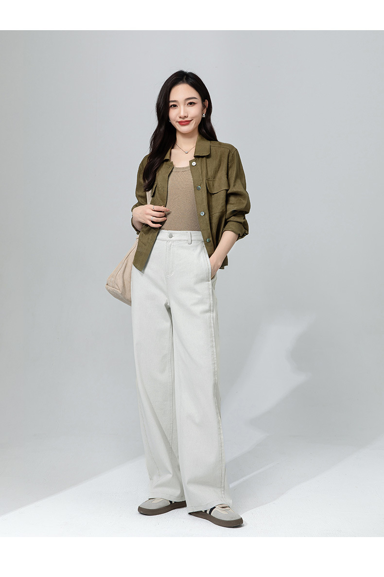 Áo sơ mi nữ vải lanh mỏng cổ polo tay dài rộng rãi phong cách xuân hè — Xanh ô liu chi tiết 26