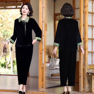 New Chinese Mother Spring Dress 2025 New Golden Velvet suit Middle-aged and Elderly Women's Spring and Autumn Guofeng Shirt Two-piece Set