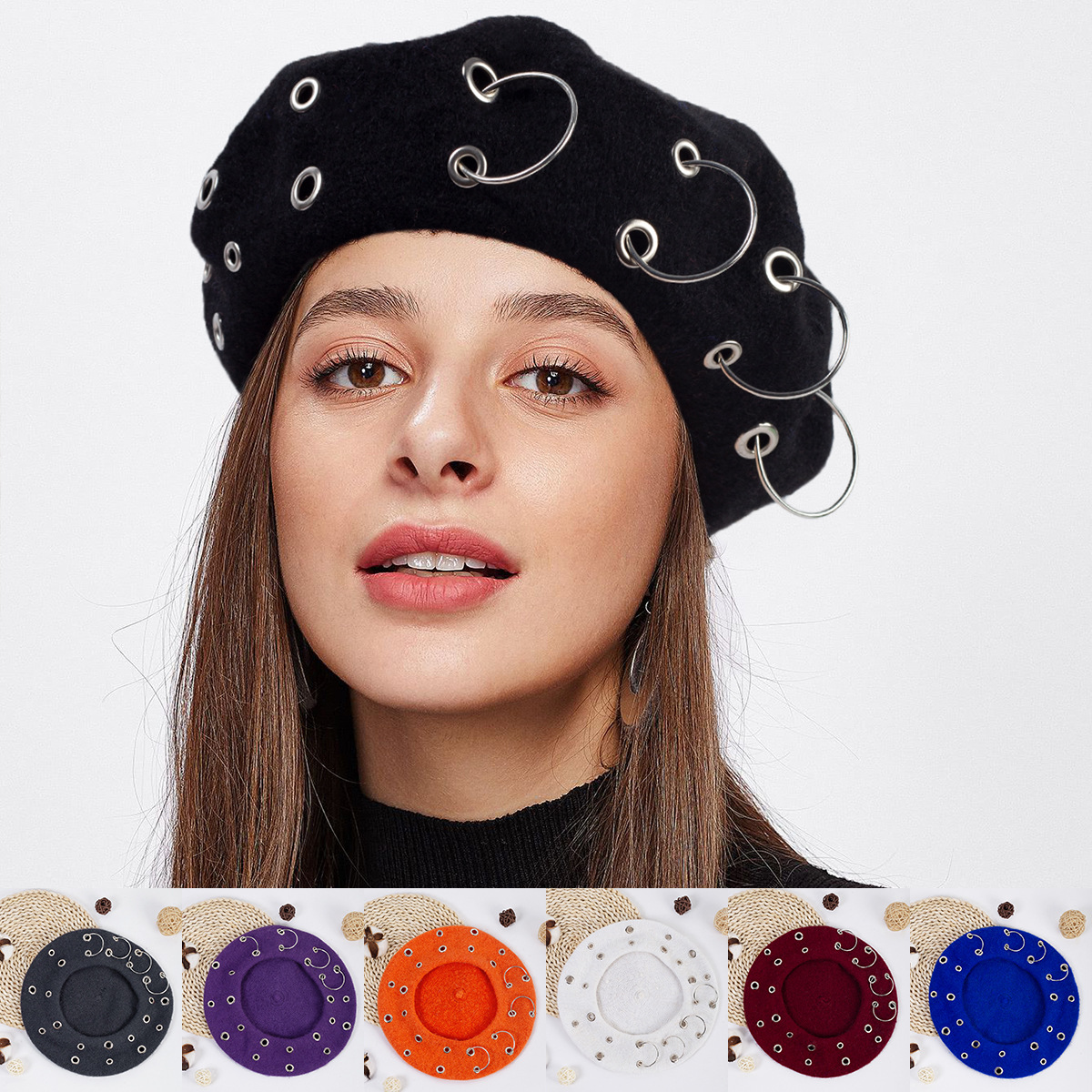 70g Weight Beret Hat Hats Type Casual, Daily Occasion Cotton Blend Material Women's Retro Punk Streetwear Solid Color Metal Eaveless Beret Hat