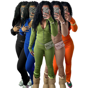 HR24066 European and American Women's Sports Casual Tight Zipper Low Waist Folding Micro Horn and Velvet Suit