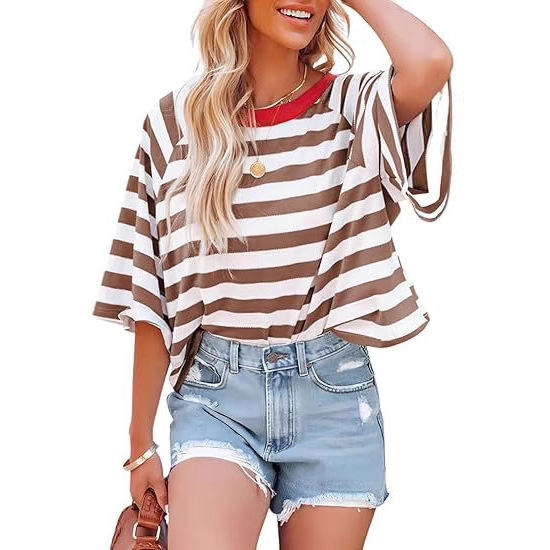 Verano nuevo 2025 transfronterizo Europa y América Amazon rayas de manga corta camiseta de cuello redondo casual suelta camiseta de mujer