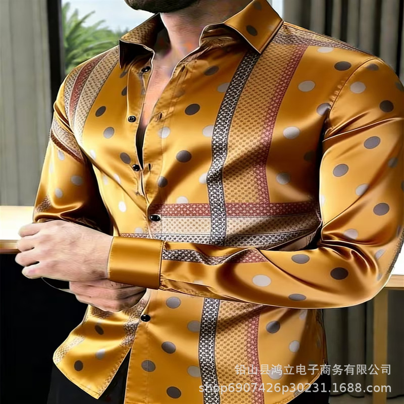 2026 Royal Blue Glossy Satin White Vertical Stripe Geometric Dot Lapel Long-Sleeve Shirt, Light Luxury Slim Fit Men's