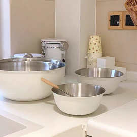 E0PB批发韩式刻度不锈钢白色沙拉碗搅拌碗厨房烘培盆打蛋盆料理盆