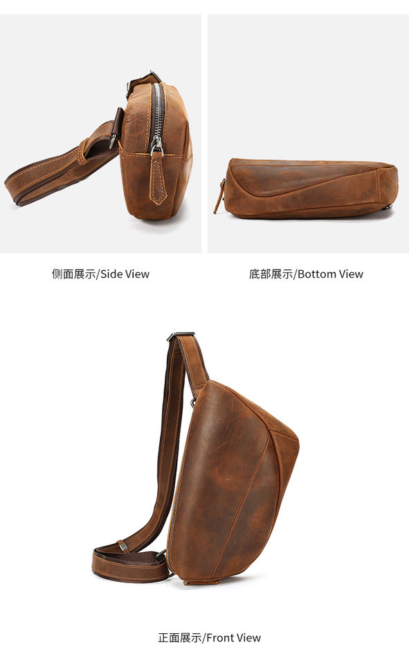 Túi đeo chéo nam da bò lớp đầu tiên, túi đeo ngực một dây đeo bằng da thật phong cách tối giản — Da Ngựa Điên, Nâu Đậm, Da ngựa điên màu nâu, Da thuộc thực vật màu nâu, Da thuộc thực vật màu đen chi tiết 18