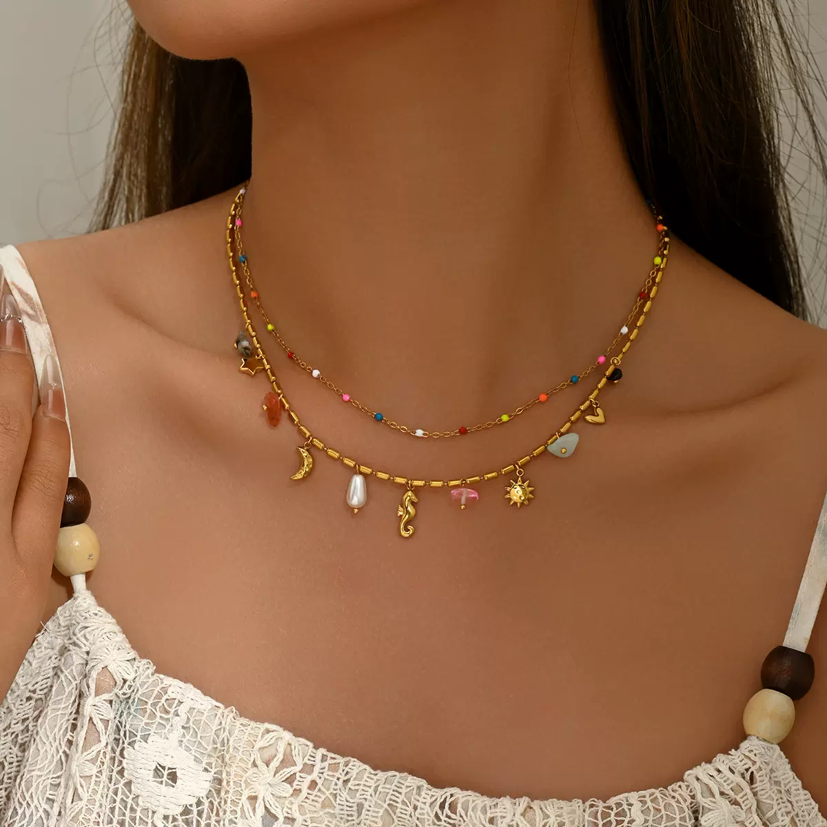 跨境欧美饰品几何海洋风设计心形海马多层镶石头设计项链百搭项饰