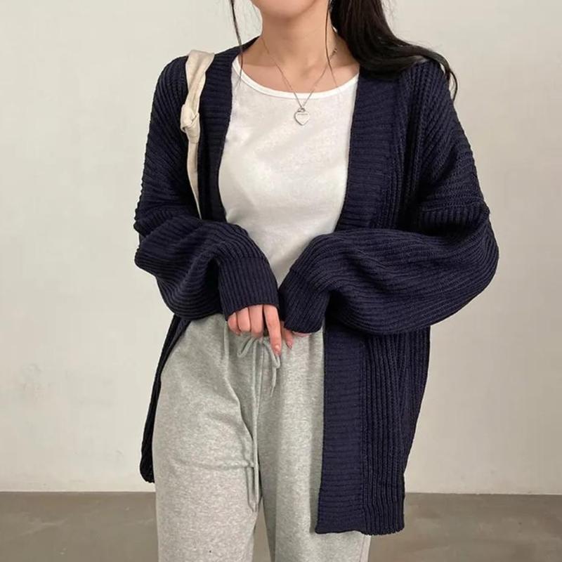 外贸元宝针织中长款毛衣女秋冬纯色宽松版休闲慵懒风百搭针织开衫|undefined