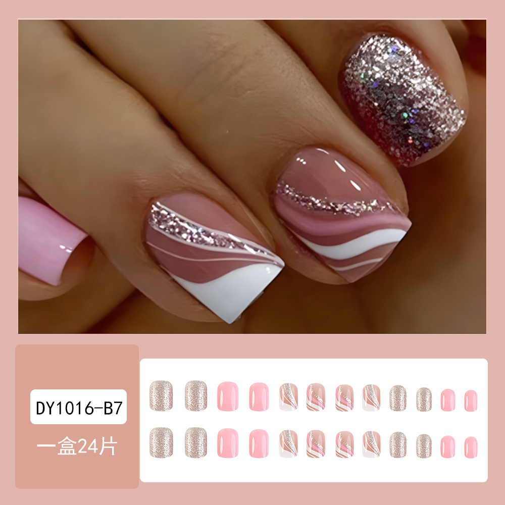 Polvo de plata entretejido de moda, uñas portátiles, venta caliente transfronteriza, uñas de uñas blancas simples, 24 piezas de brillo para embellecer las uñas