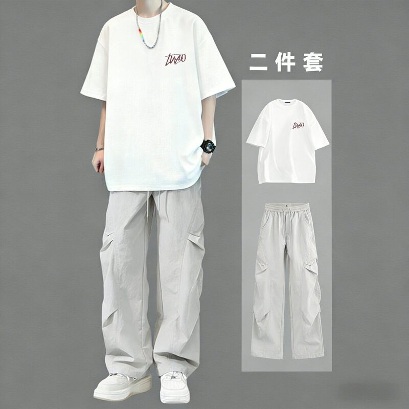 Trendy pure cotton short-sleeve t-shirt for men, summer casual sports suit for teenagers, complete set with work pants Trendy pure cotton short-sleeve t-shirt for men, summer casual sports suit for teenagers, complete set with work pants